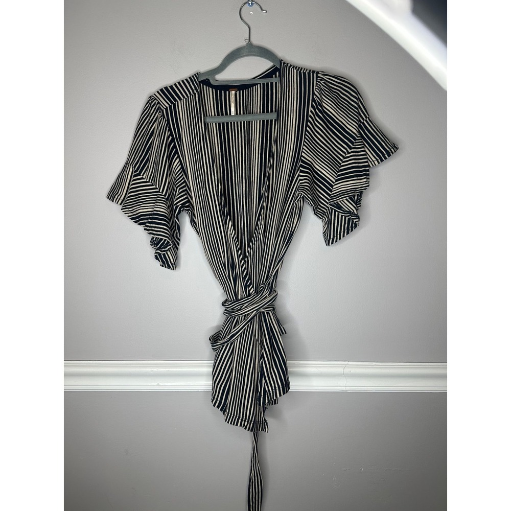 Free People Fluter Sleeve Wrap Shirt Blouse Top Stripes Black White Sz Medium